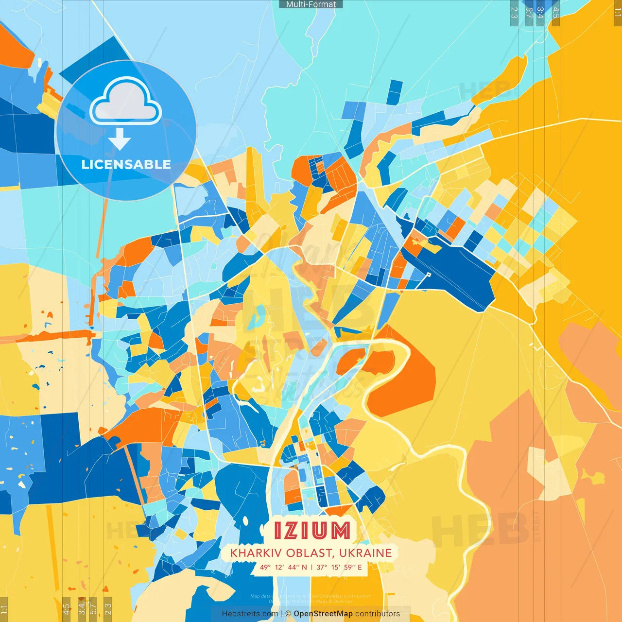 Izium, Kharkiv Oblast, Ukraine blue and orange vector art map template