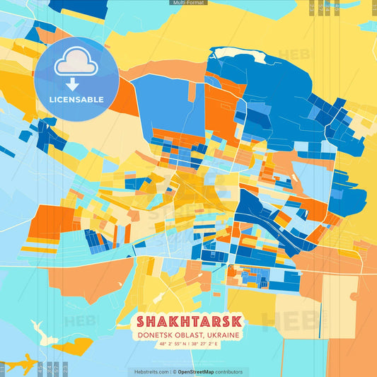Shakhtarsk, Donetsk Oblast, Ukraine blue and orange vector art map template