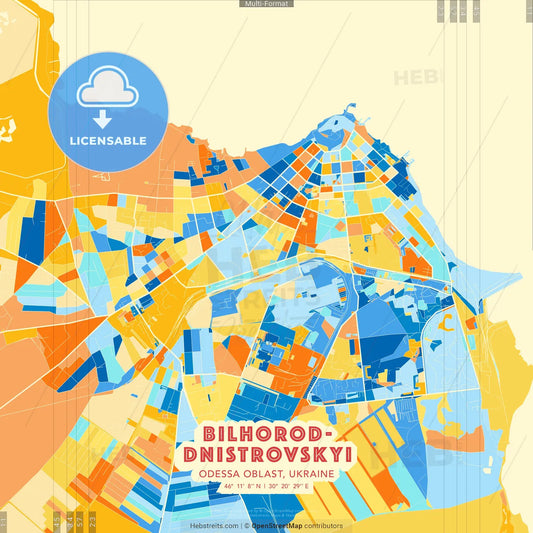 Bilhorod-Dnistrovskyi, Odessa Oblast, Ukraine blue and orange vector art map template