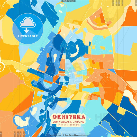 Okhtyrka, Sumy Oblast, Ukraine blue and orange vector art map template