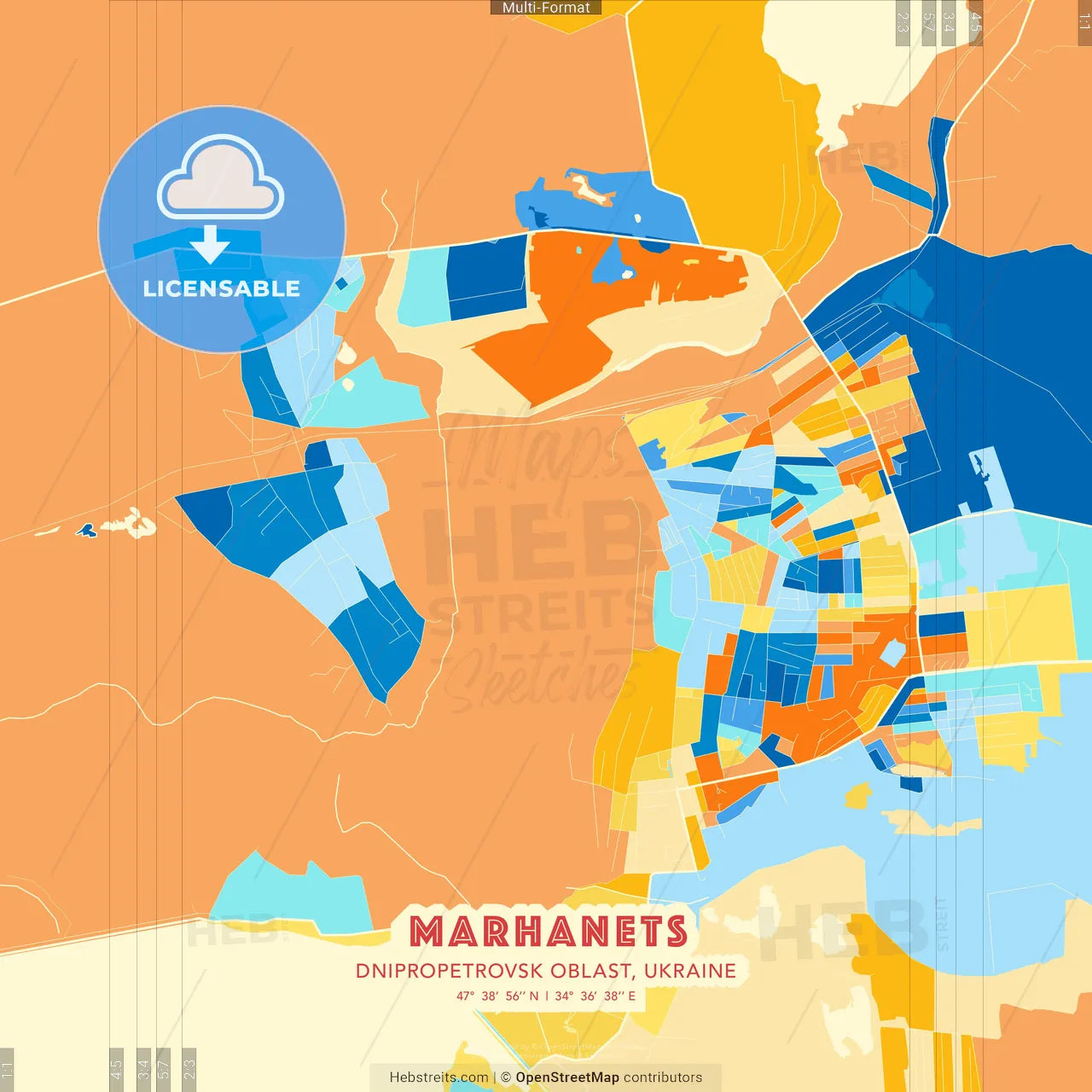 Marhanets, Dnipropetrovsk Oblast, Ukraine blue and orange vector art map template