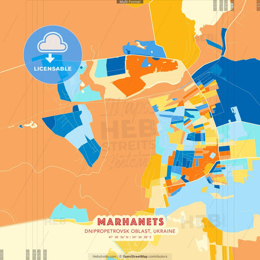 Marhanets, Dnipropetrovsk Oblast, Ukraine blue and orange vector art map template