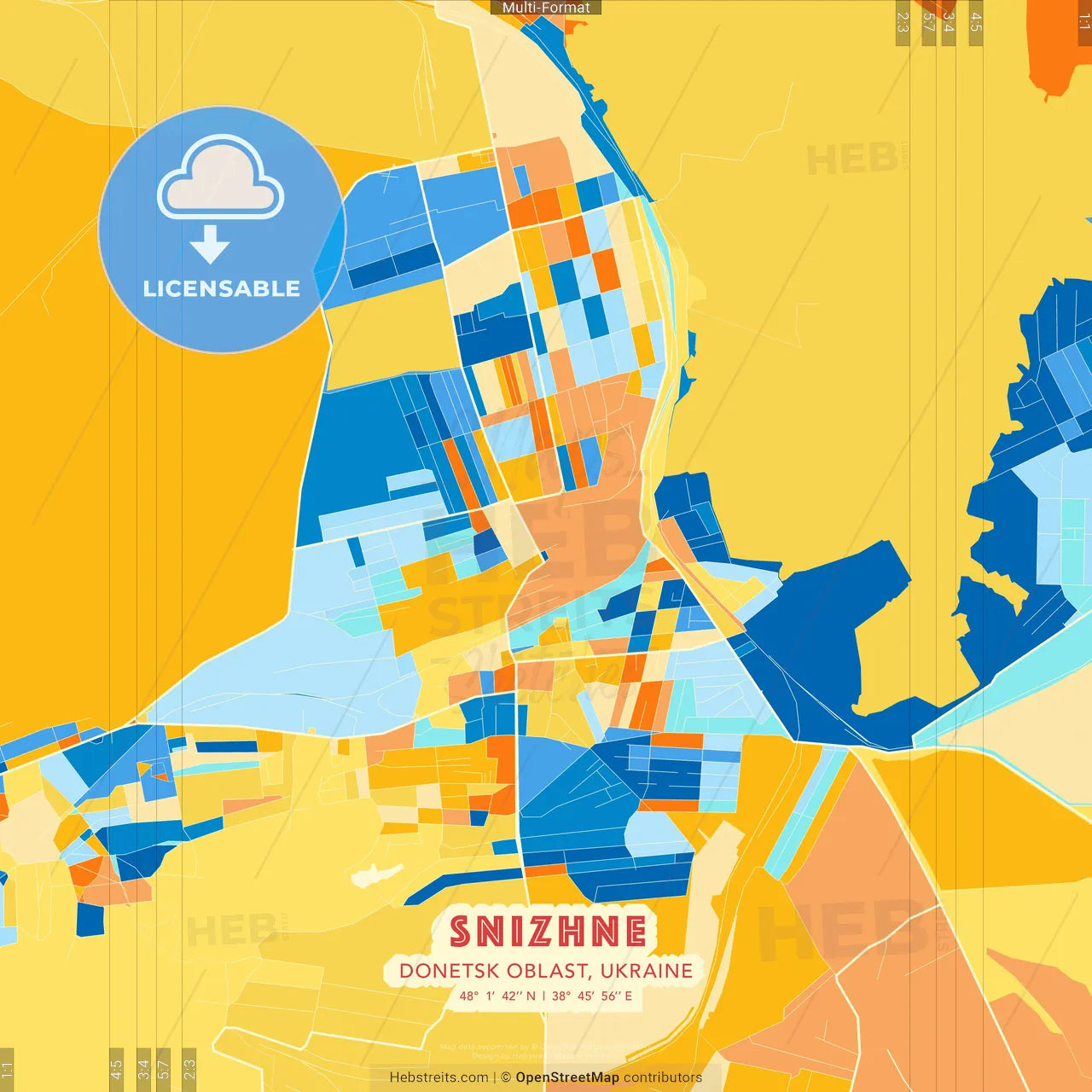 Snizhne, Donetsk Oblast, Ukraine blue and orange vector art map template
