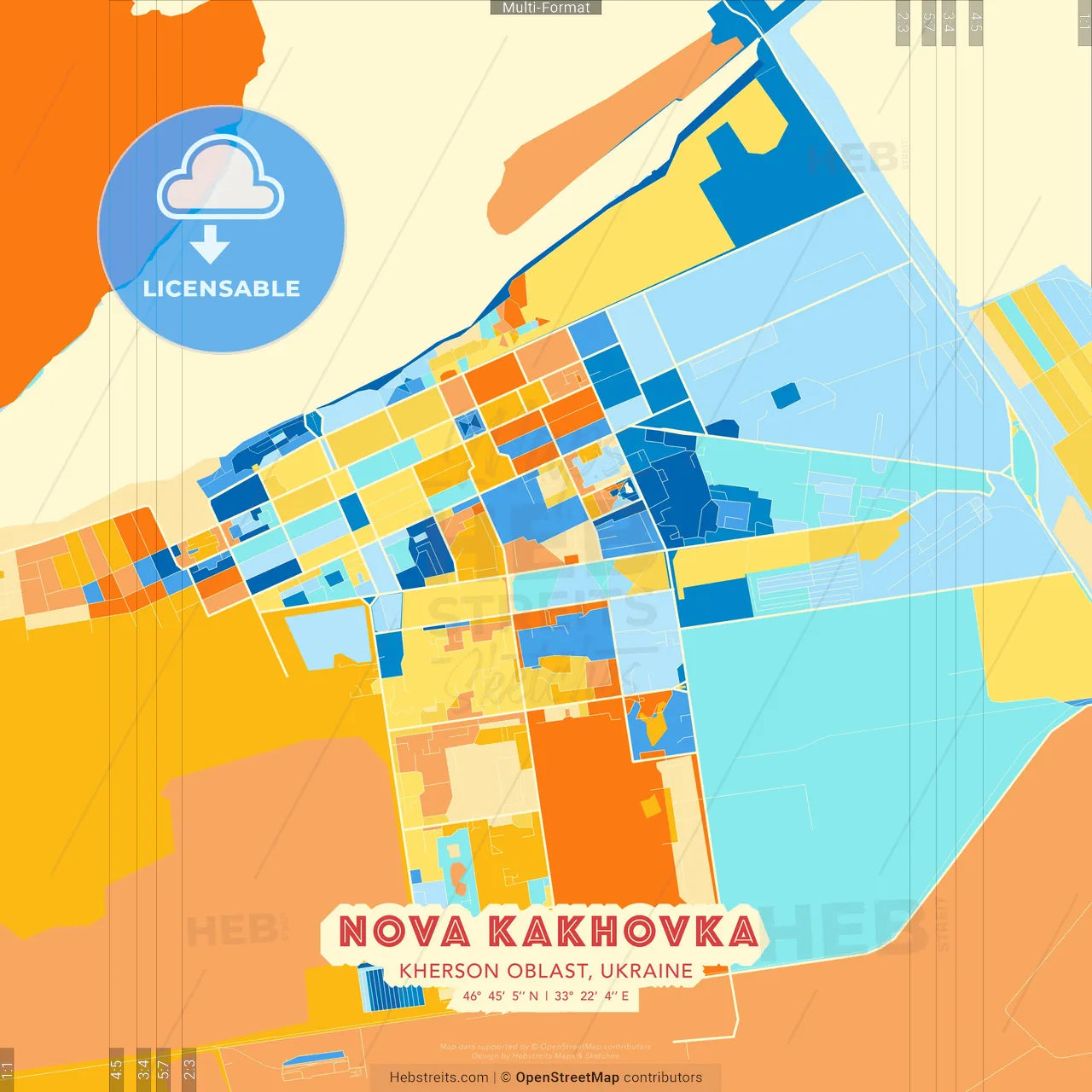 Nova Kakhovka, Kherson Oblast, Ukraine blue and orange vector art map template