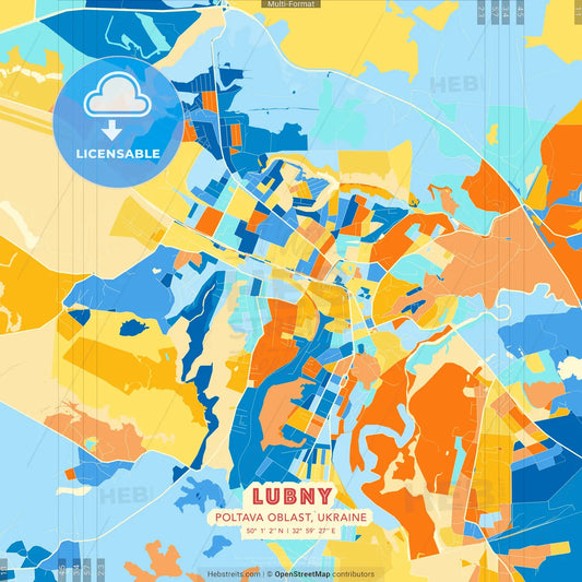 Lubny, Poltava Oblast, Ukraine blue and orange vector art map template