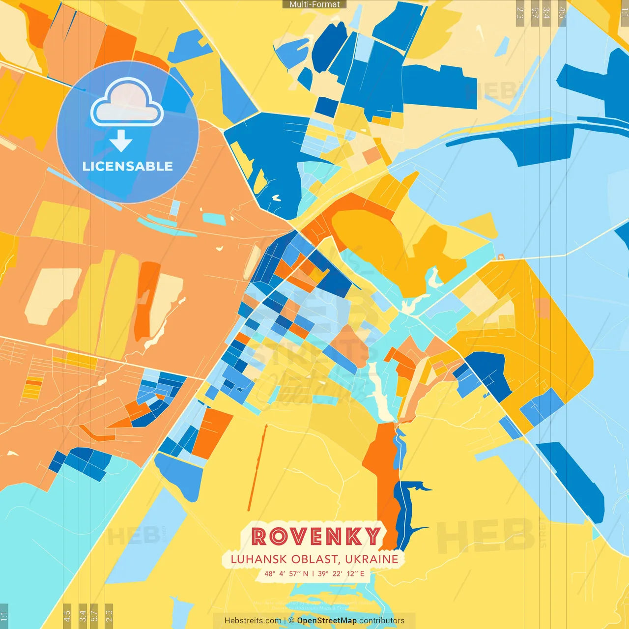 Rovenky, Luhansk Oblast, Ukraine blue and orange vector art map template