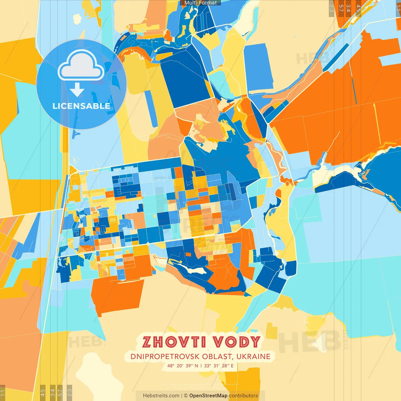 Zhovti Vody, Dnipropetrovsk Oblast, Ukraine blue and orange vector art map template