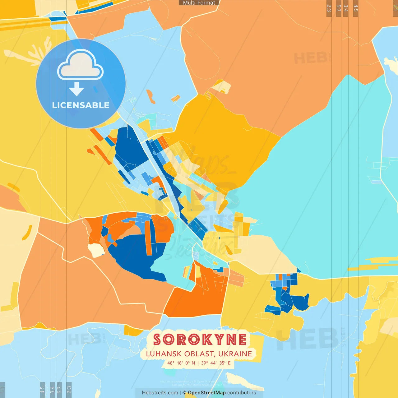 Sorokyne, Luhansk Oblast, Ukraine blue and orange vector art map template