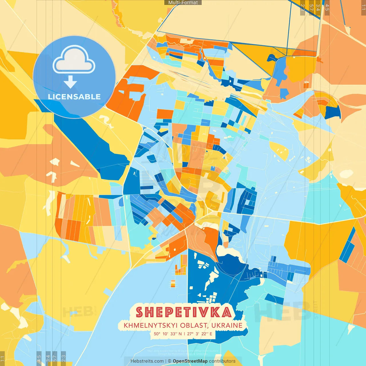 Shepetivka, Khmelnytskyi Oblast, Ukraine blue and orange vector art map template