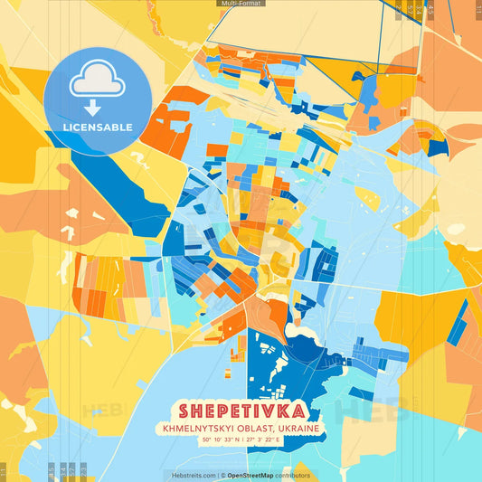 Shepetivka, Khmelnytskyi Oblast, Ukraine blue and orange vector art map template