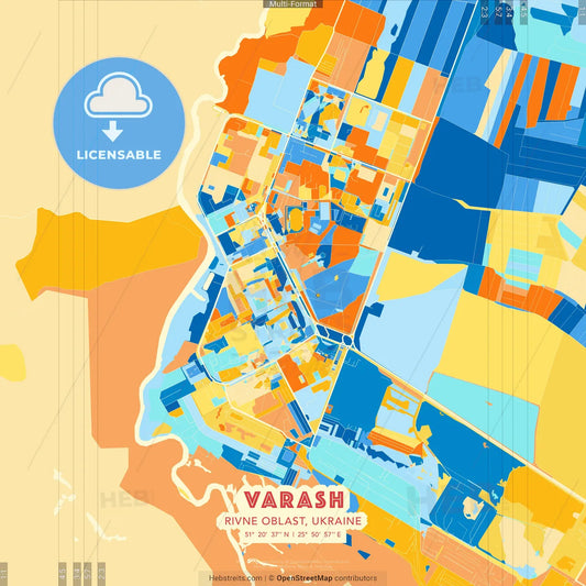 Varash, Rivne Oblast, Ukraine blue and orange vector art map template