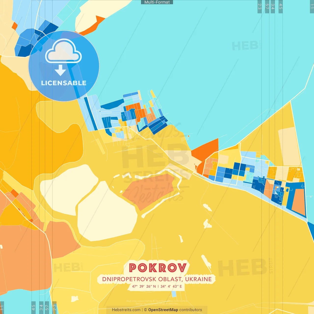 Pokrov, Dnipropetrovsk Oblast, Ukraine blue and orange vector art map template