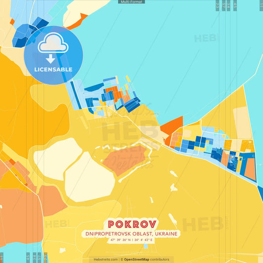 Pokrov, Dnipropetrovsk Oblast, Ukraine blue and orange vector art map template