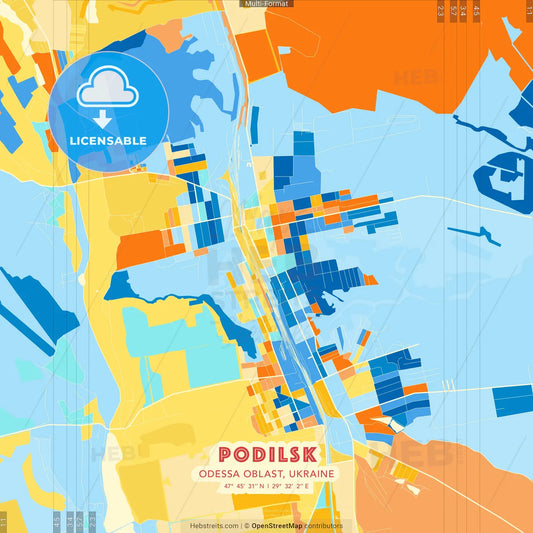 Podilsk, Odessa Oblast, Ukraine blue and orange vector art map template