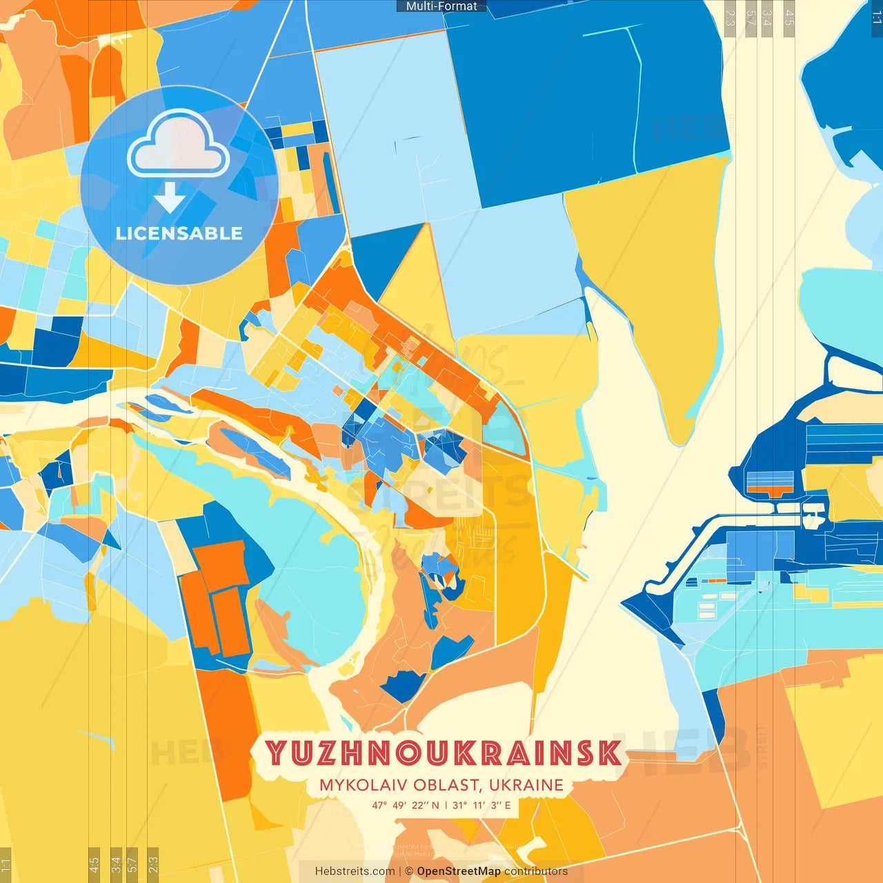 Yuzhnoukrainsk, Mykolaiv Oblast, Ukraine blue and orange vector art map template