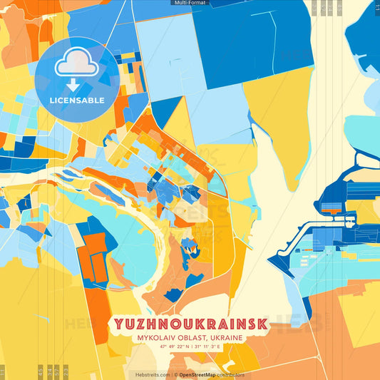 Yuzhnoukrainsk, Mykolaiv Oblast, Ukraine blue and orange vector art map template
