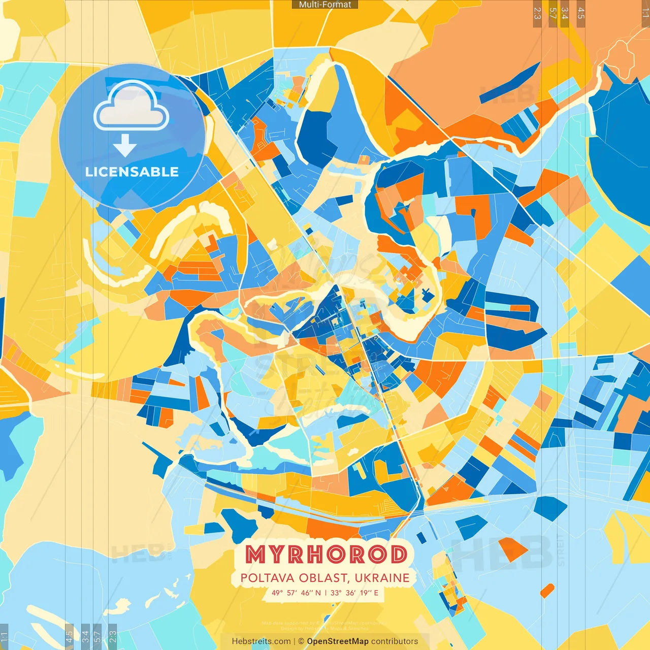 Myrhorod, Poltava Oblast, Ukraine blue and orange vector art map template