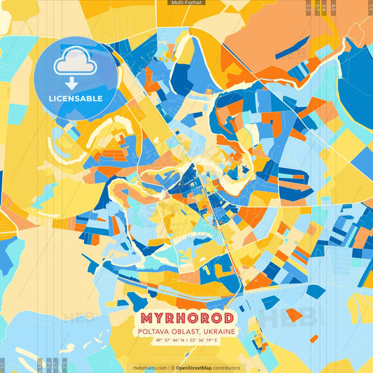 Myrhorod, Poltava Oblast, Ukraine blue and orange vector art map template