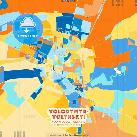 Volodymyr-Volynskyi, Volyn Oblast, Ukraine blue and orange vector art map template