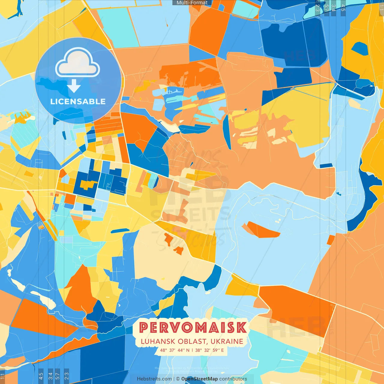 Pervomaisk, Luhansk Oblast, Ukraine blue and orange vector art map template