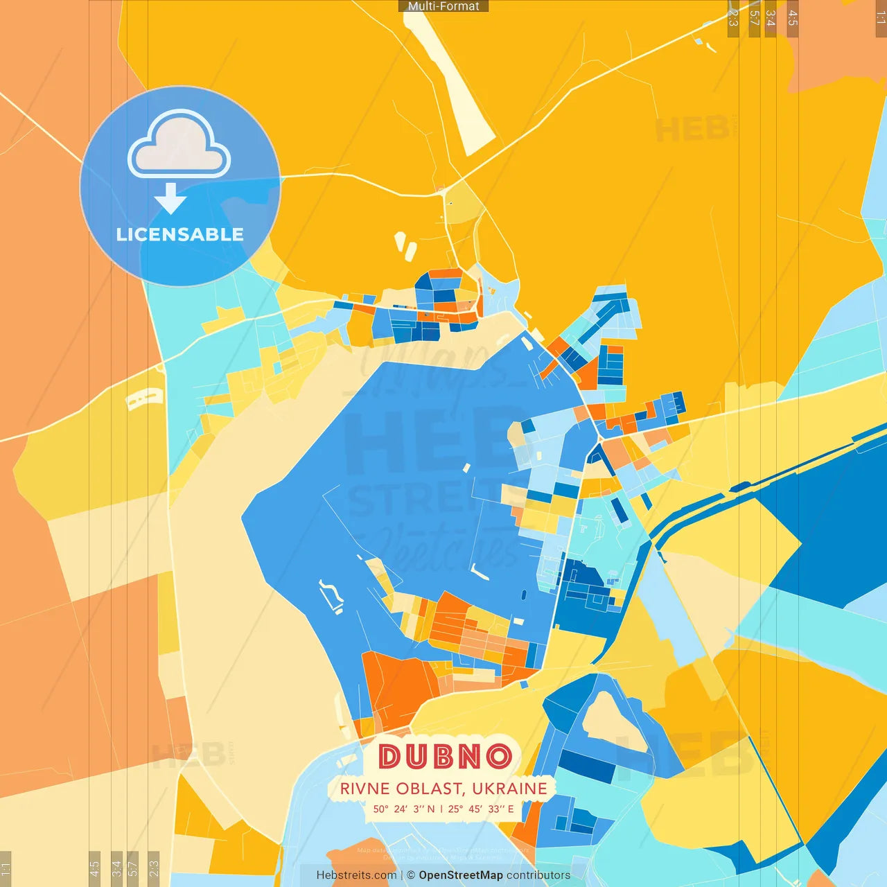 Dubno, Rivne Oblast, Ukraine blue and orange vector art map template