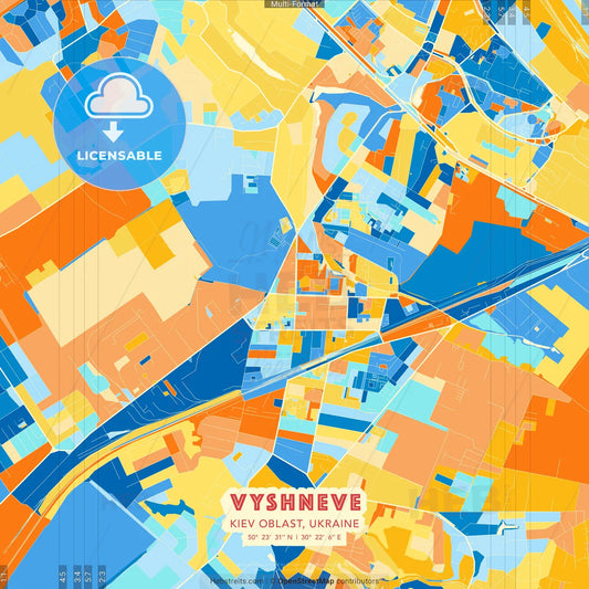Vyshneve, Kyiv Oblast, Ukraine blue and orange vector art map template