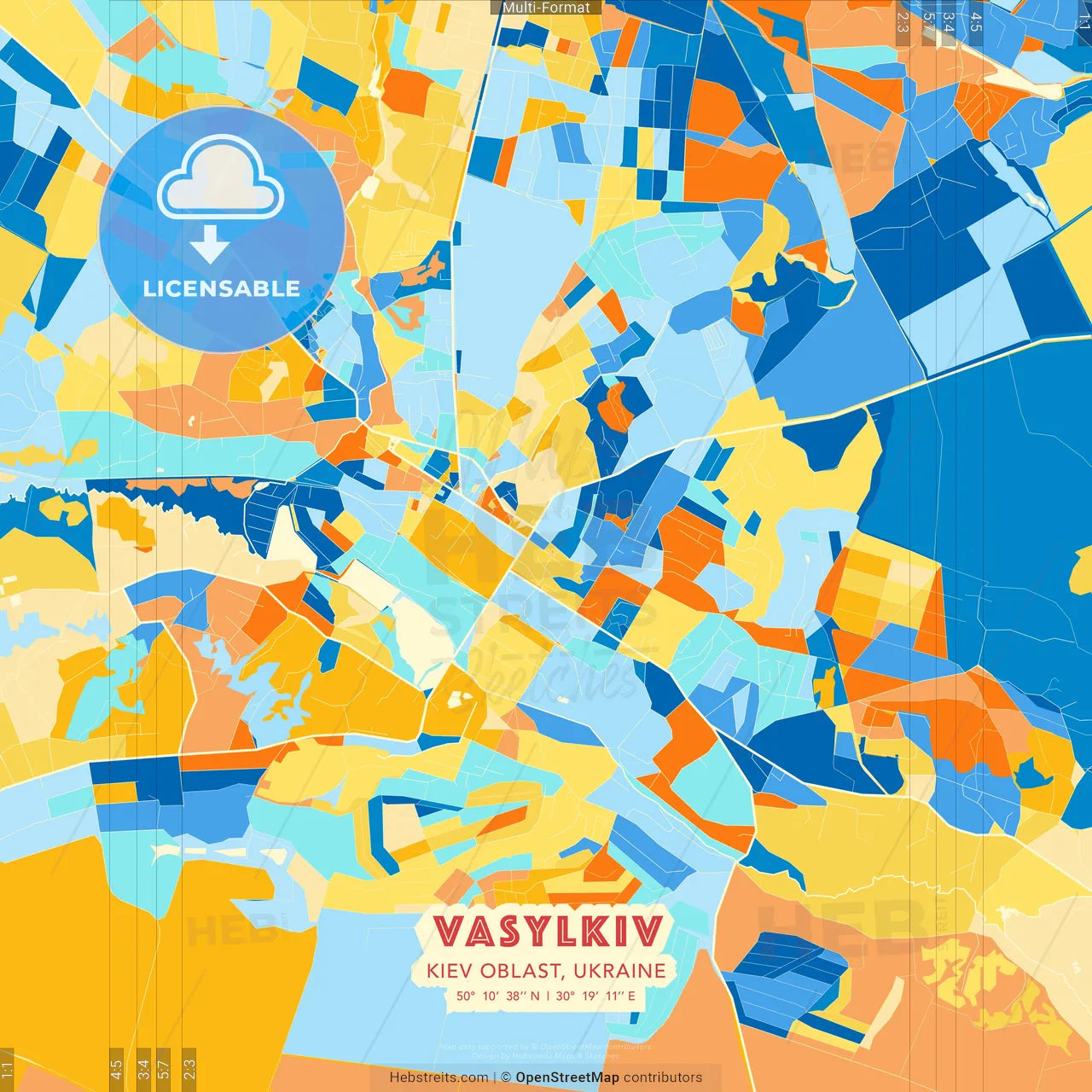 Vasylkiv, Kyiv Oblast, Ukraine blue and orange vector art map template