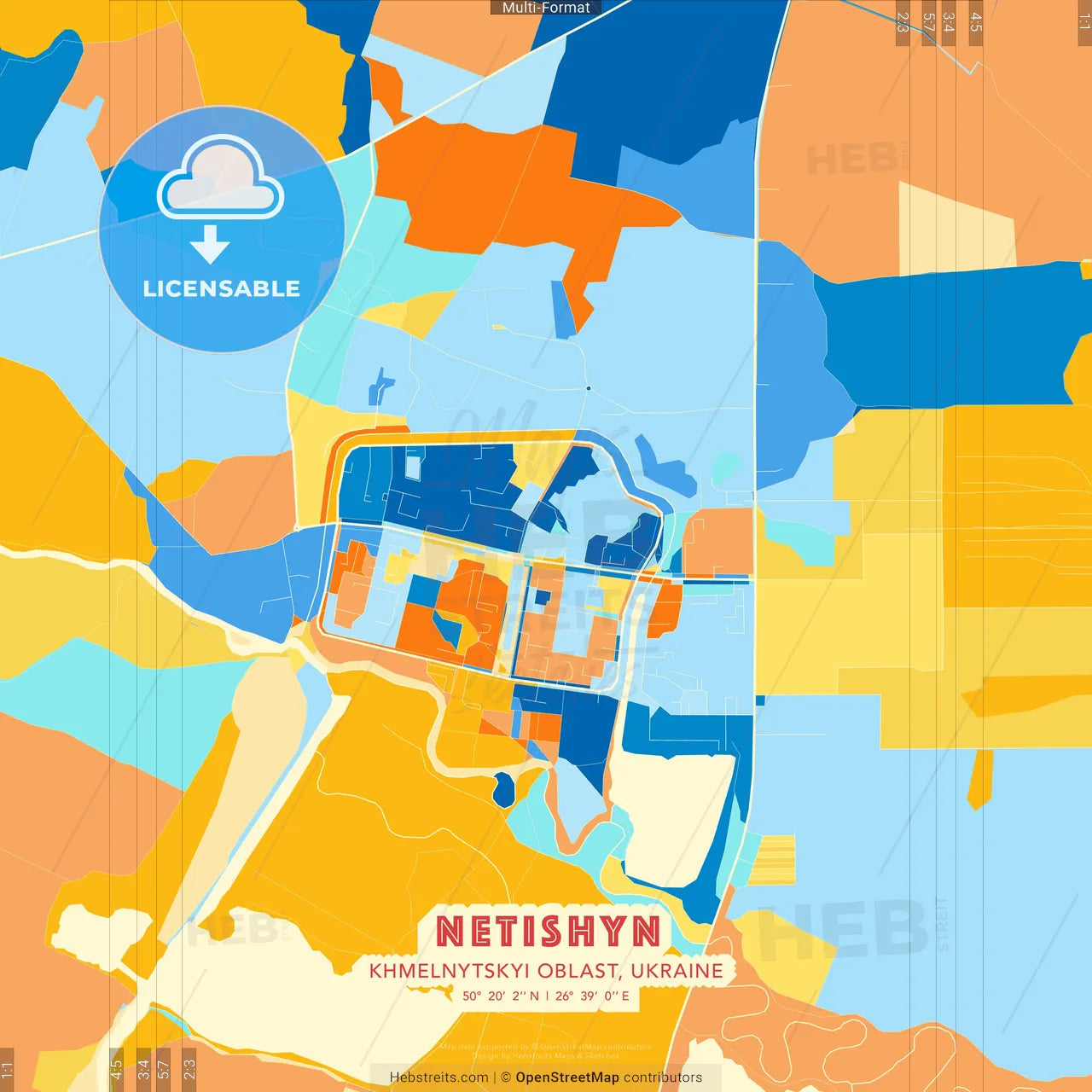 Netishyn, Khmelnytskyi Oblast, Ukraine blue and orange vector art map template