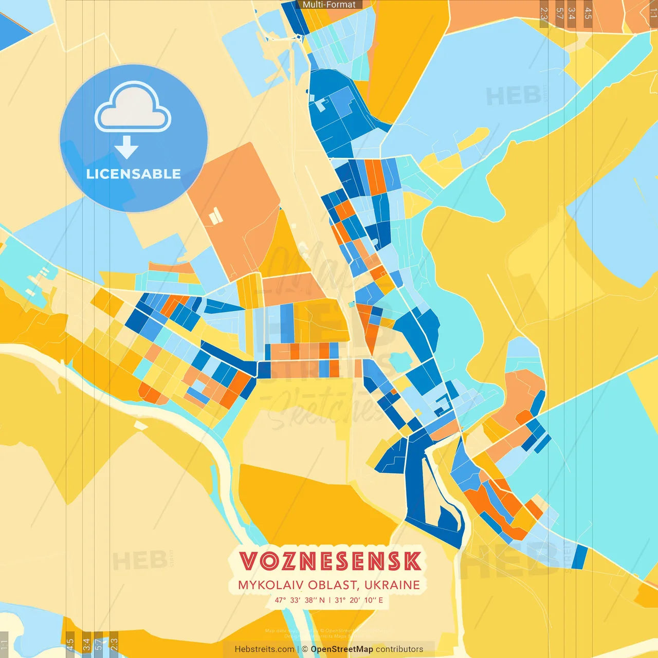 Voznesensk, Mykolaiv Oblast, Ukraine blue and orange vector art map template