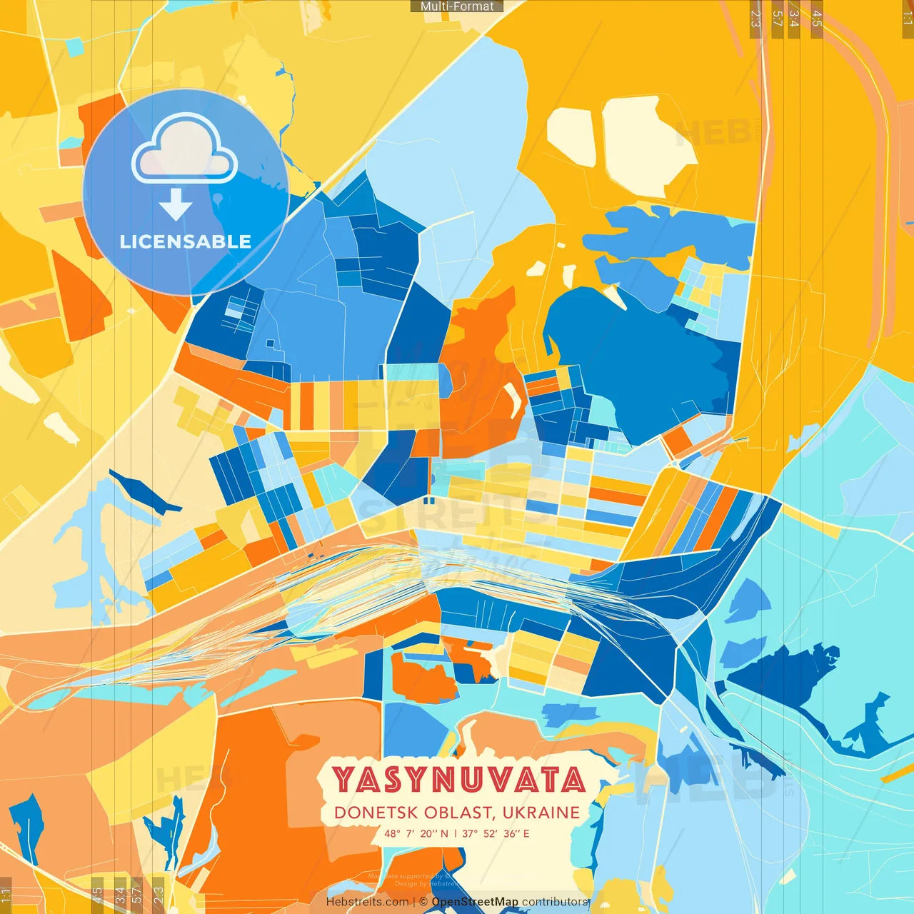 Yasynuvata, Donetsk Oblast, Ukraine blue and orange vector art map template