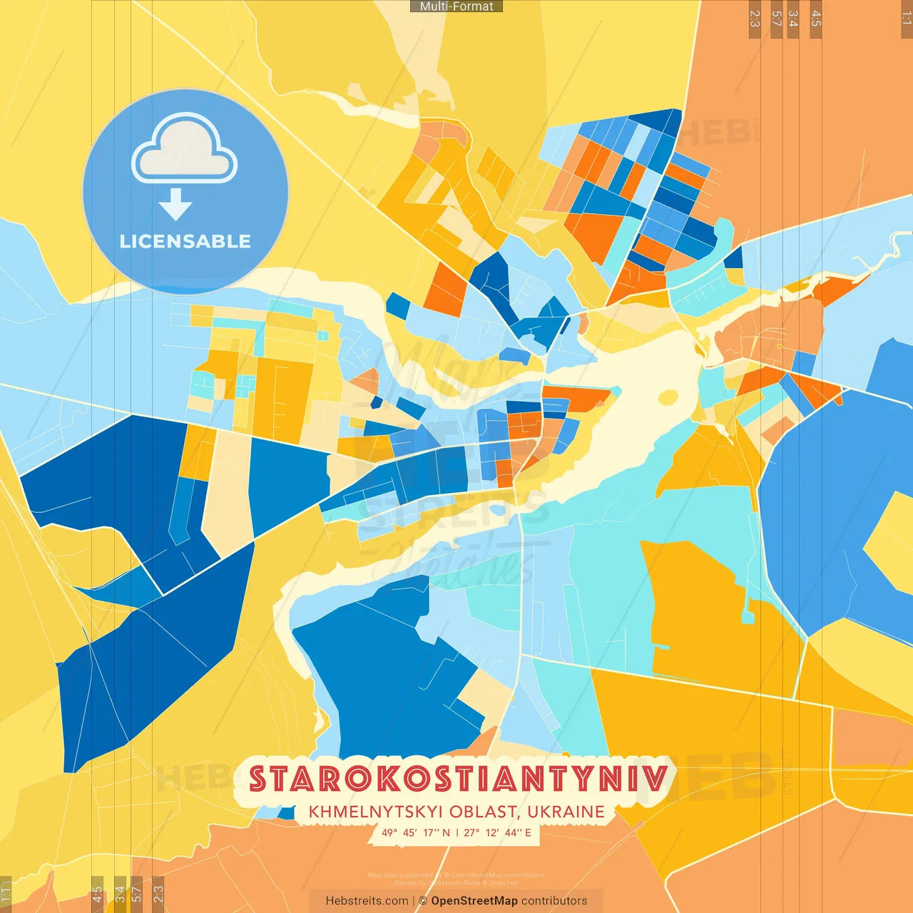 Starokostiantyniv, Khmelnytskyi Oblast, Ukraine blue and orange vector art map template