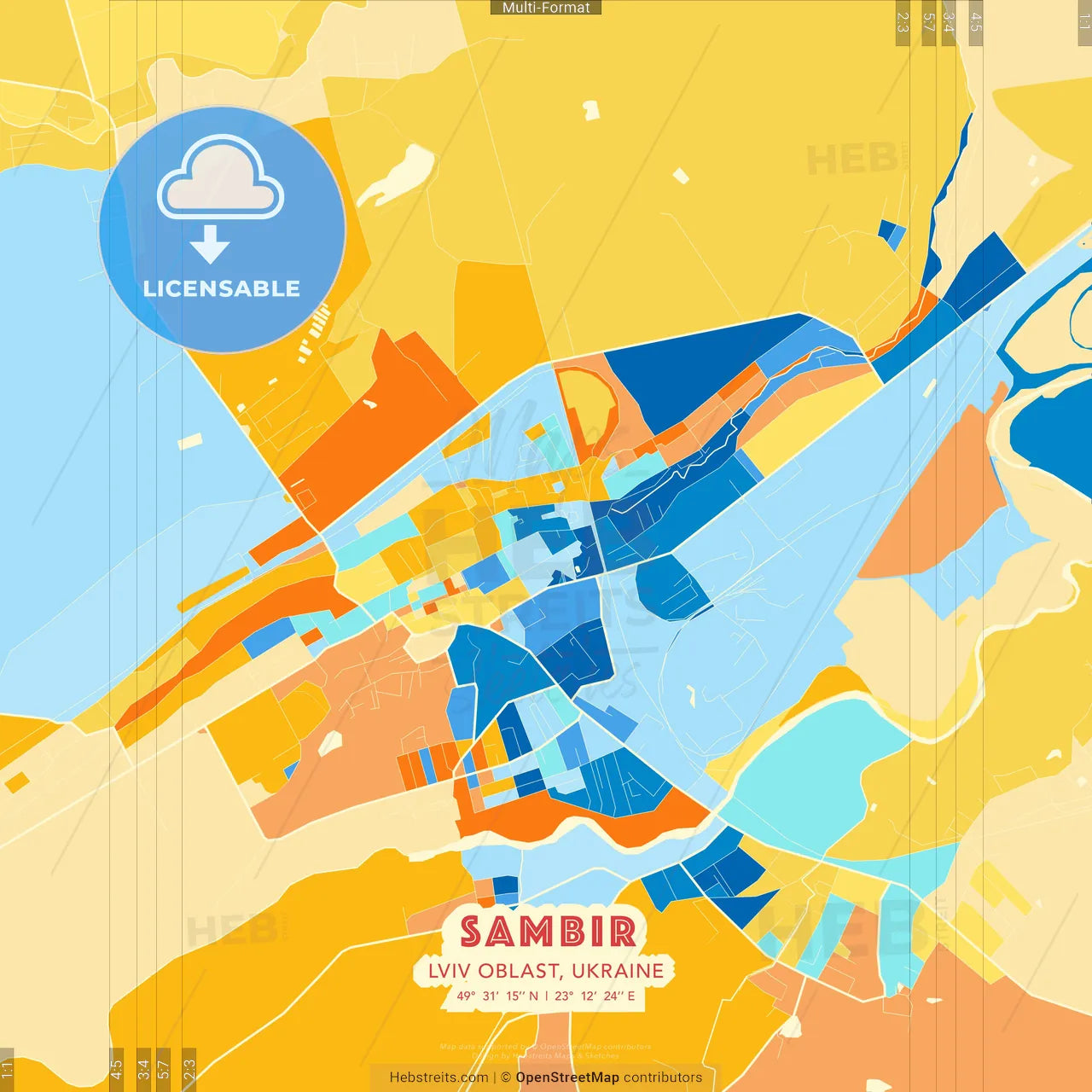 Sambir, Lviv Oblast, Ukraine blue and orange vector art map template