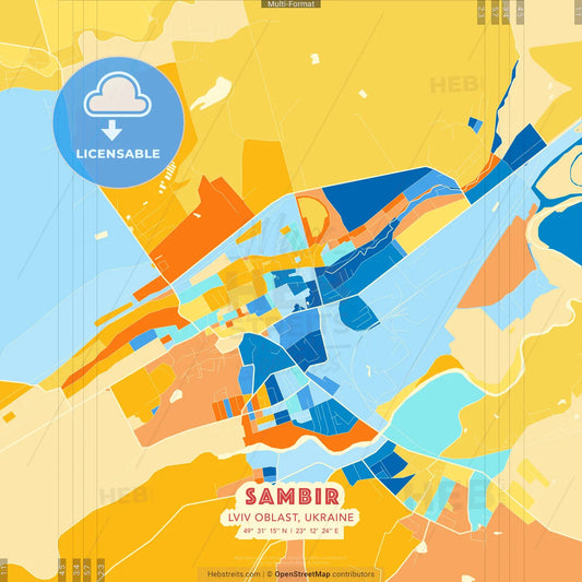 Sambir, Lviv Oblast, Ukraine blue and orange vector art map template