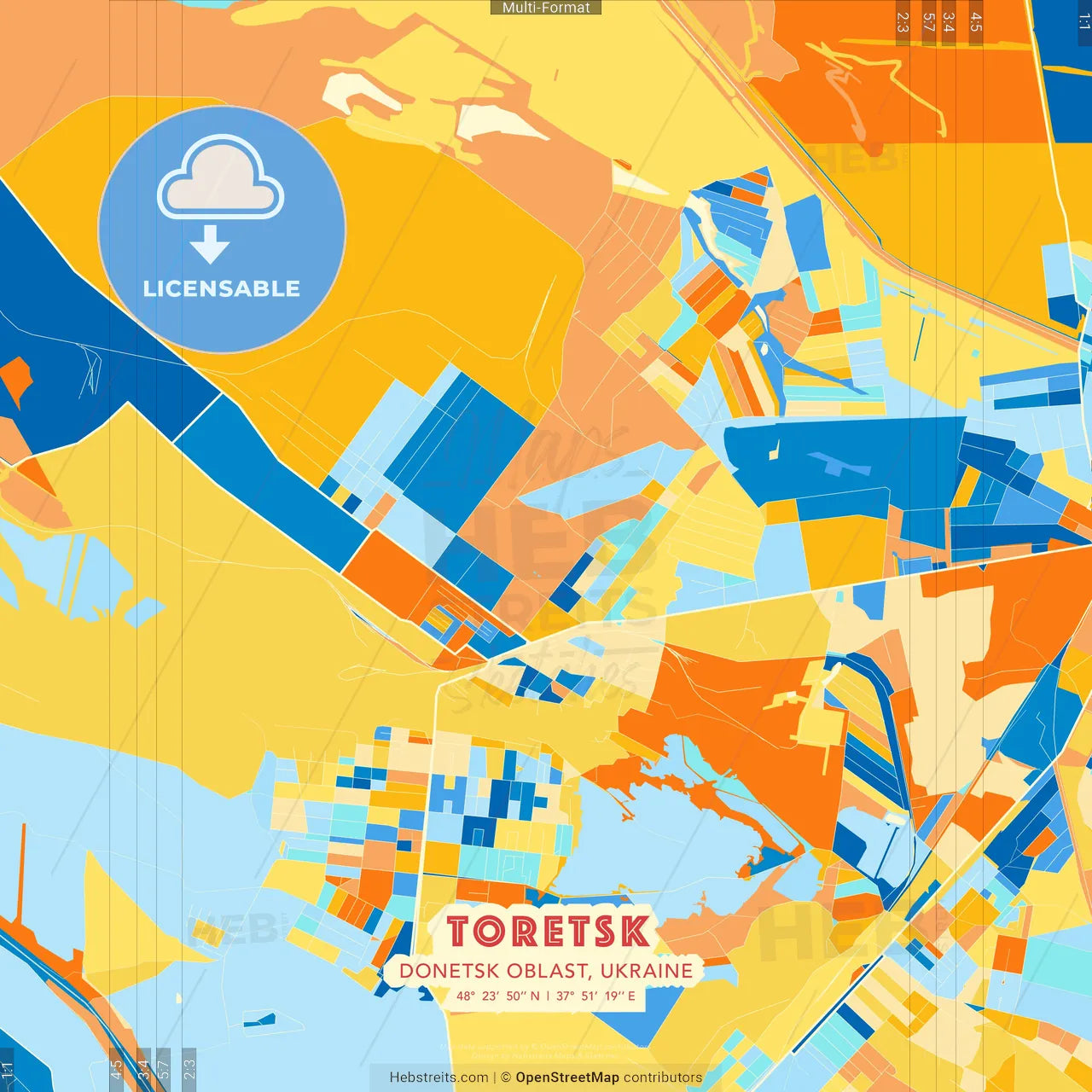 Toretsk, Donetsk Oblast, Ukraine blue and orange vector art map template