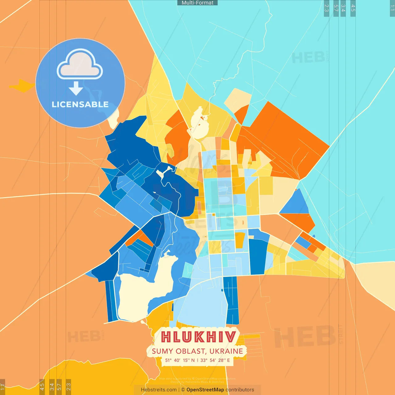 Hlukhiv, Sumy Oblast, Ukraine blue and orange vector art map template