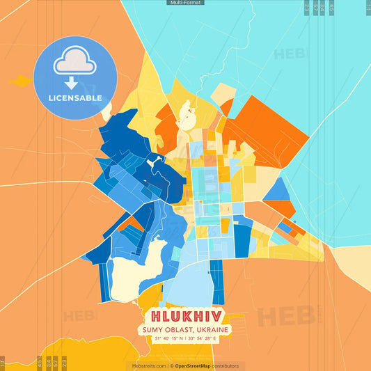 Hlukhiv, Sumy Oblast, Ukraine blue and orange vector art map template
