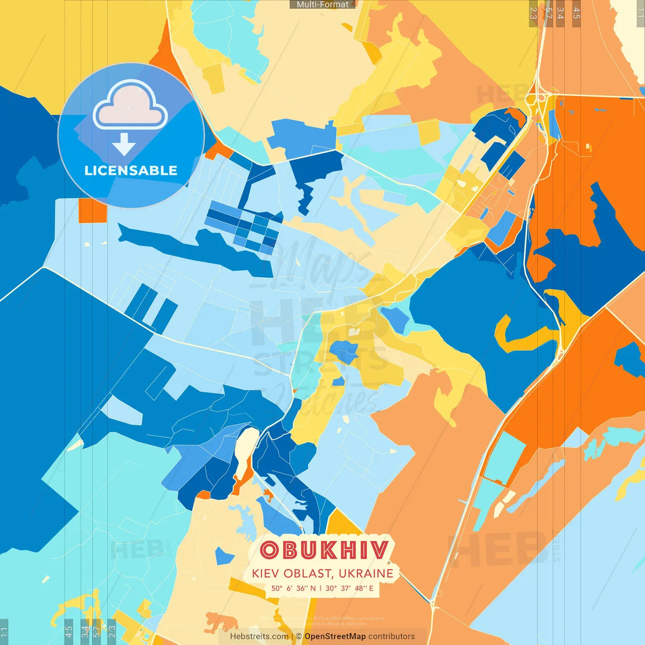 Obukhiv, Kyiv Oblast, Ukraine blue and orange vector art map template