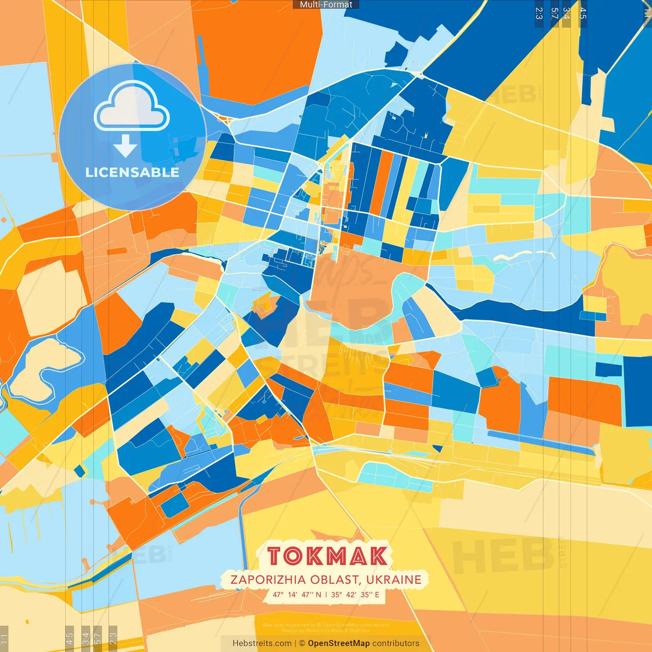 Tokmak, Zaporizhia Oblast, Ukraine blue and orange vector art map template