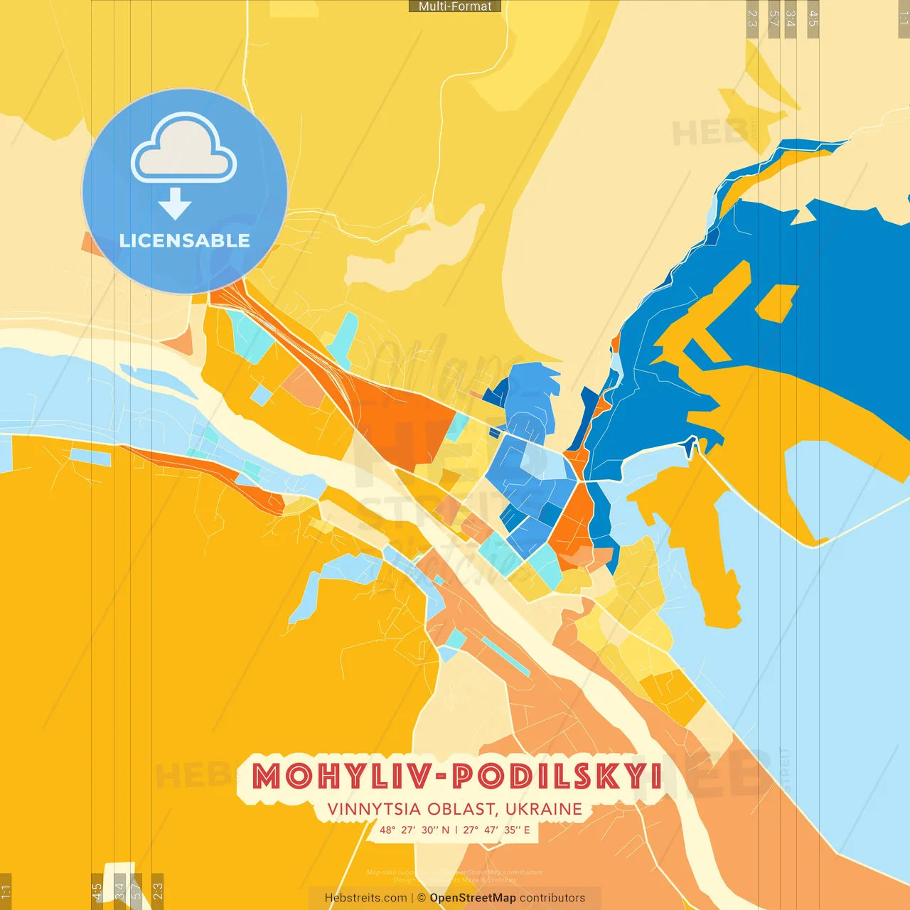 Mohyliv-Podilskyi, Vinnytsia Oblast, Ukraine blue and orange vector art map template
