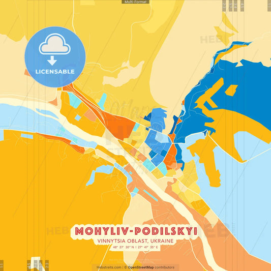 Mohyliv-Podilskyi, Vinnytsia Oblast, Ukraine blue and orange vector art map template
