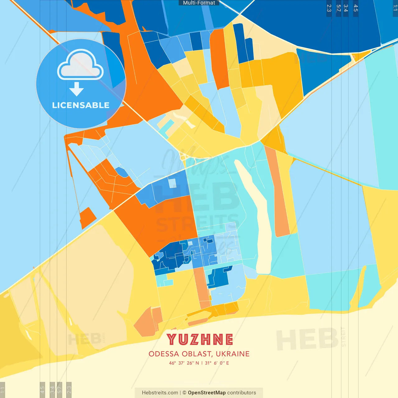 Yuzhne, Odessa Oblast, Ukraine blue and orange vector art map template