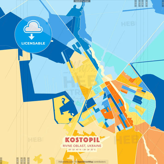 Kostopil, Rivne Oblast, Ukraine blue and orange vector art map template