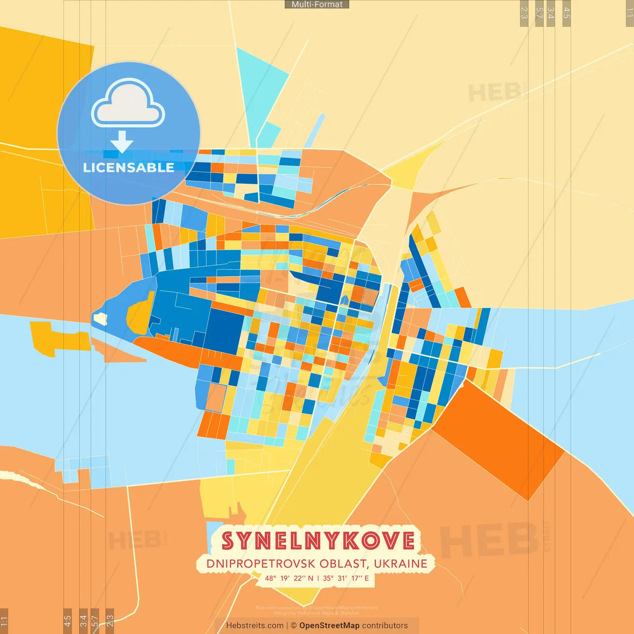 Synelnykove, Dnipropetrovsk Oblast, Ukraine blue and orange vector art map template