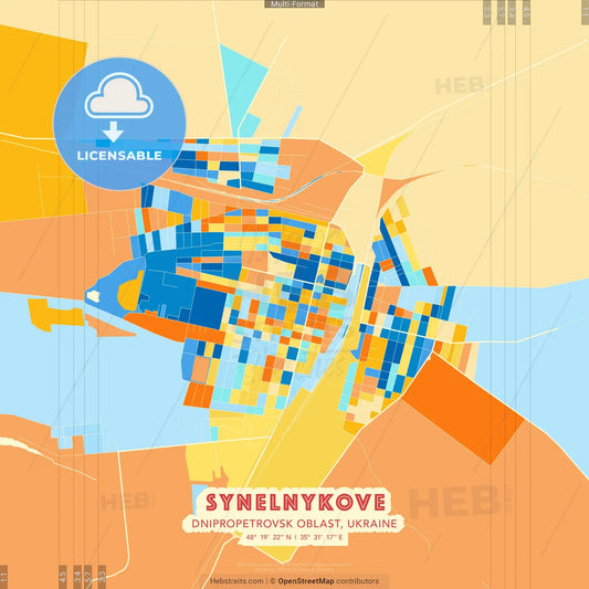 Synelnykove, Dnipropetrovsk Oblast, Ukraine blue and orange vector art map template