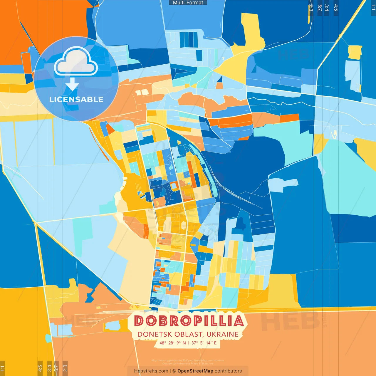 Dobropillia, Donetsk Oblast, Ukraine blue and orange vector art map template