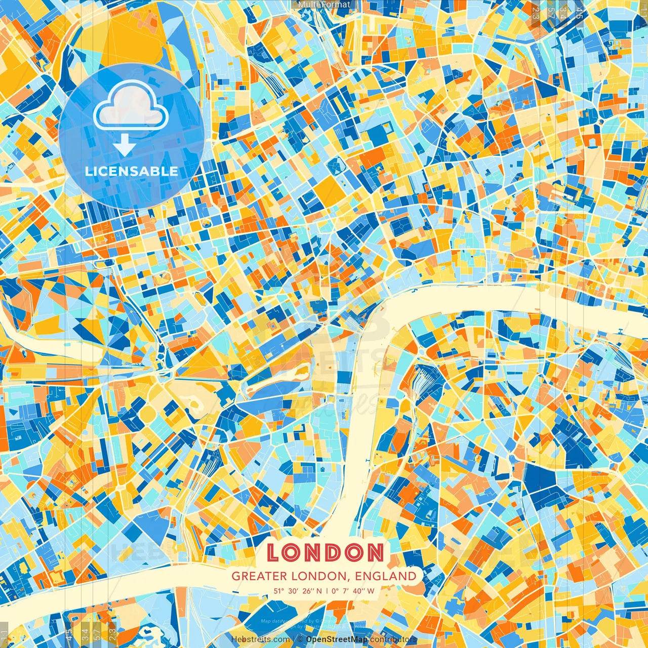 London, Greater London, England blue and orange vector art map template