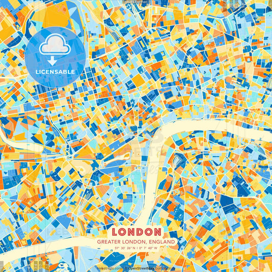 London, Greater London, England blue and orange vector art map template
