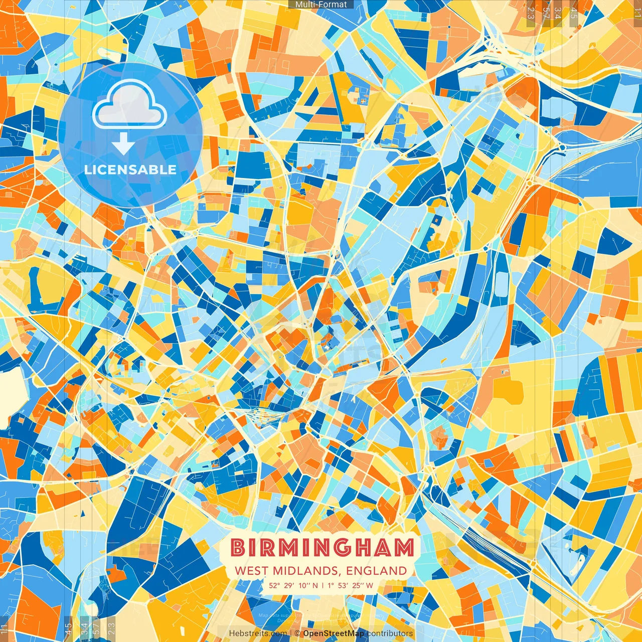 Birmingham, West Midlands, England blue and orange vector art map template