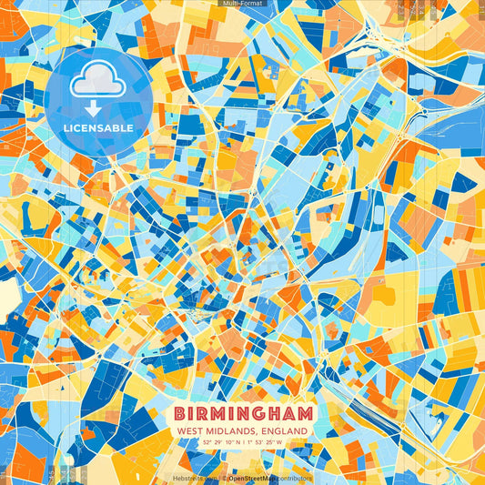 Birmingham, West Midlands, England blue and orange vector art map template