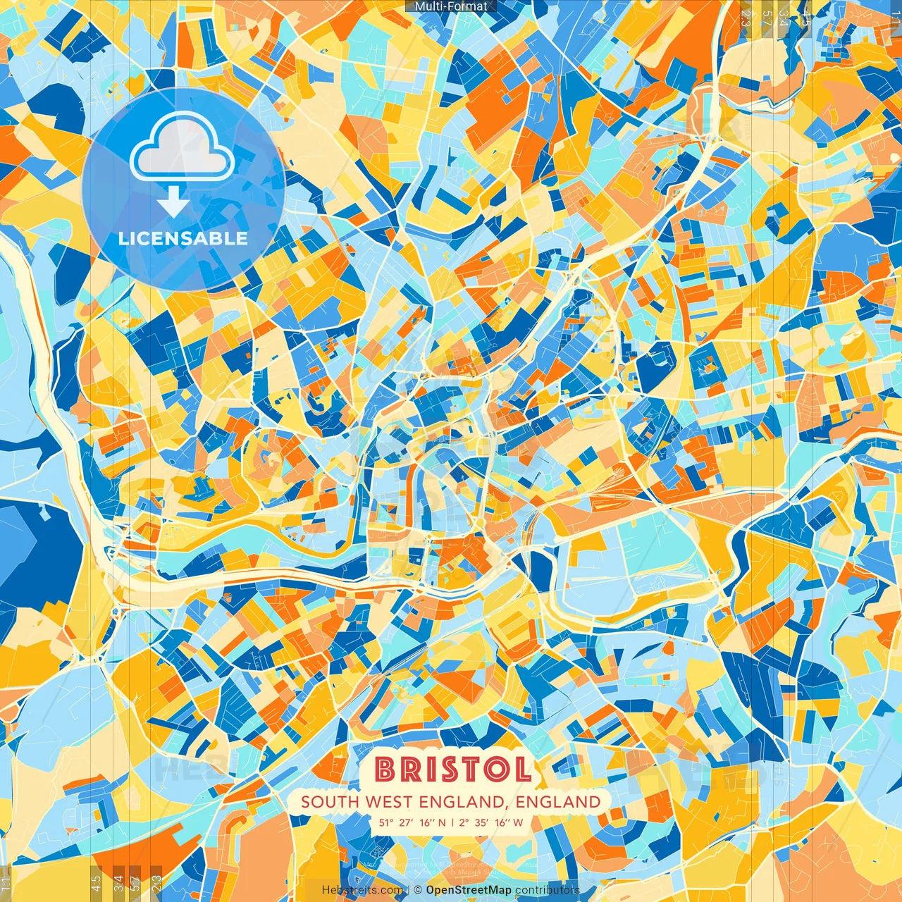 Bristol, South West England, England blue and orange vector art map template